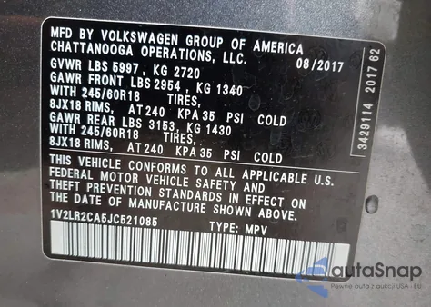 2018 Volkswagen Atlas 3.6L V6 Se/3.6L V6 Se W/Technology из США, поврежденный, VIN 1V2LR2CA5JC521085